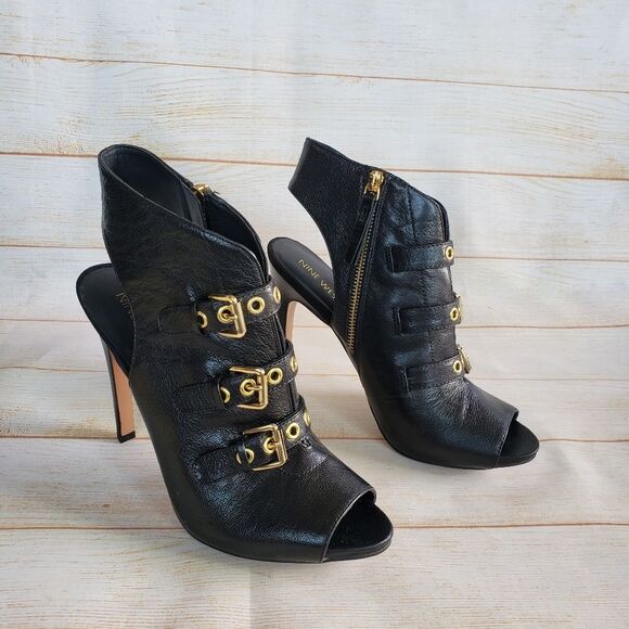 Nine West Leather Mohawkit Peep Toe Heeled Ankle Boots Booties Buckle Black 8M - Picture 1 of 16